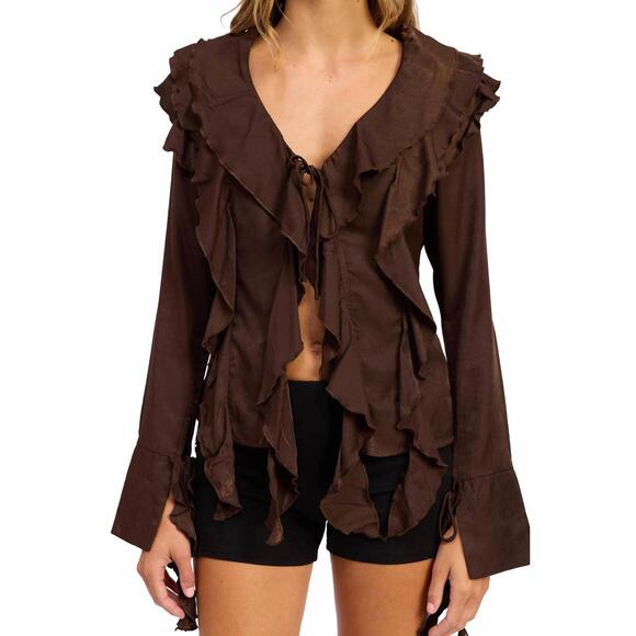 EMORY PARK Tops - emory park Brown Ruffled Long-Sleeve Blouse